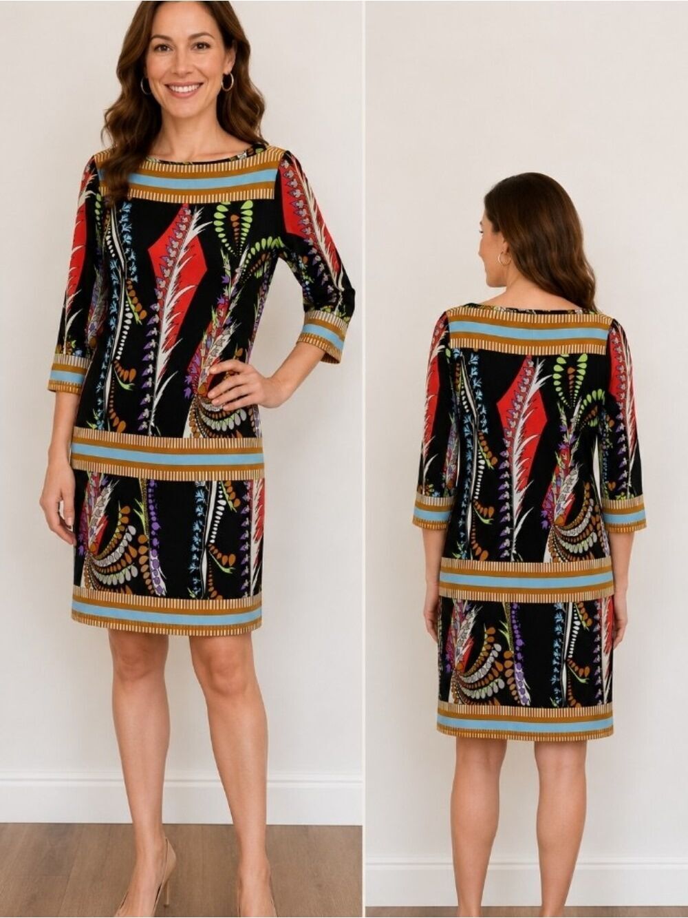 Ali Ro Black Shift Dress with Multicolor Feather & Stripe Detail Size 6
